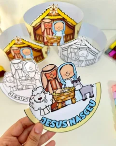 Presépio Dançante – Coroa Natalina para Imprimir, Colorir e Montar | Atividade Religiosa Infantil