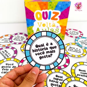 Dinâmica pronta do 1º dia: Quiz Volta às Aulas para Imprimir (PDF) + Caixinha + 30 Cartinhas