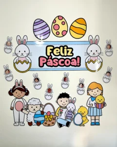 Painel Grande Feliz Páscoa 1,3m com Coelhinhos Editável
