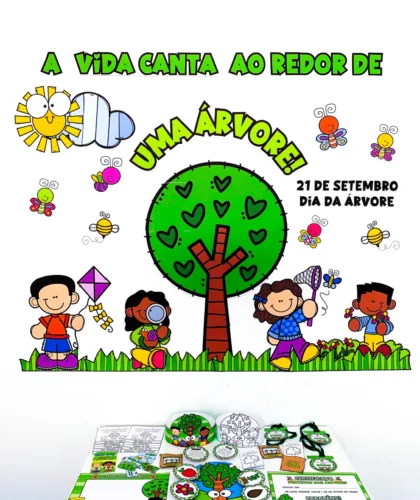 Capa do Kit Dia da Árvore com ilustrações de crianças e árvore colorida