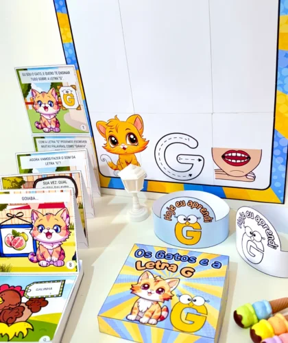 Material lúdico letra G com cartas ilustradas de gatos