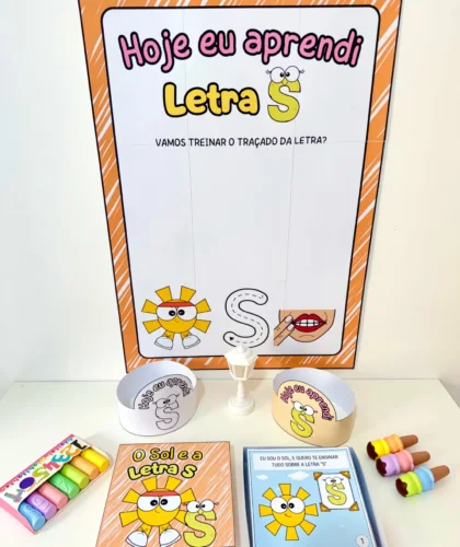 Cartaz educativo letra S com materiais de apoio coloridos