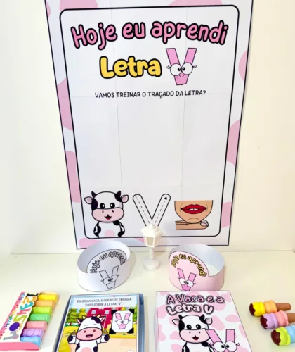 Cartaz com tema da letra V e personagens com vaca e boca desenhados