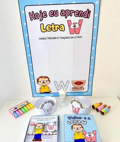 Cartaz educativo letra W e materiais auxiliares