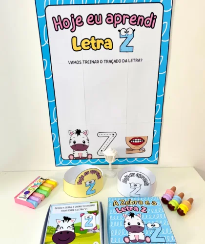 Cartaz educativo para treino da letra Z com personagens coloridos