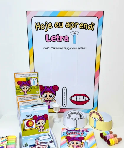 Cartaz educativo para treino da letra I com atividades pedagógicas coloridas