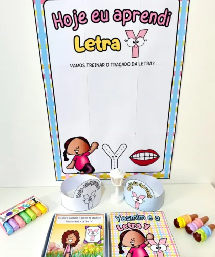 Cartaz educativo com título Hoje eu aprendi Letra Y com personagens coloridos