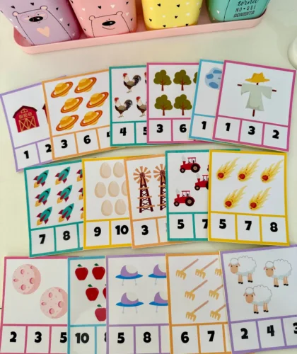 Cartelas coloridas com figuras para contar objetos
