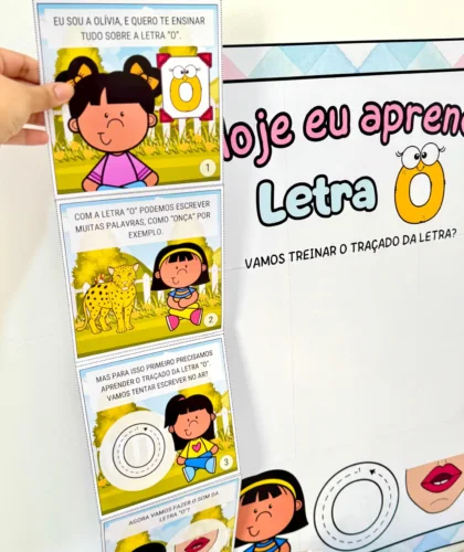 Cartela com início da história da letra O e exemplos