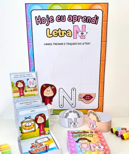 Cartaz educativo com título Hoje eu aprendi Letra N e personagens para ensino da letra